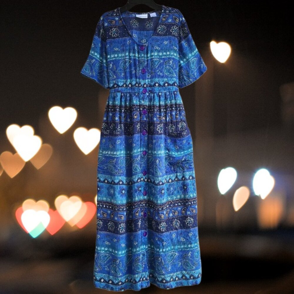 Cabernet Vintage Womens Midi Dress Button Front Short Sleeves Blue Floral Size S
